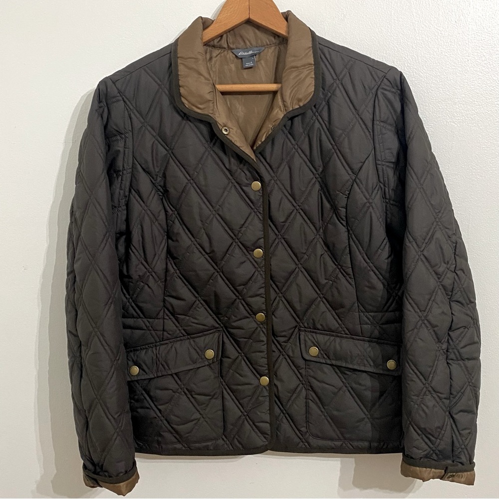 Eddie Bauer Jacket Womens Large Brown Tan Quilted Outdoors Coat Preppy Ladies